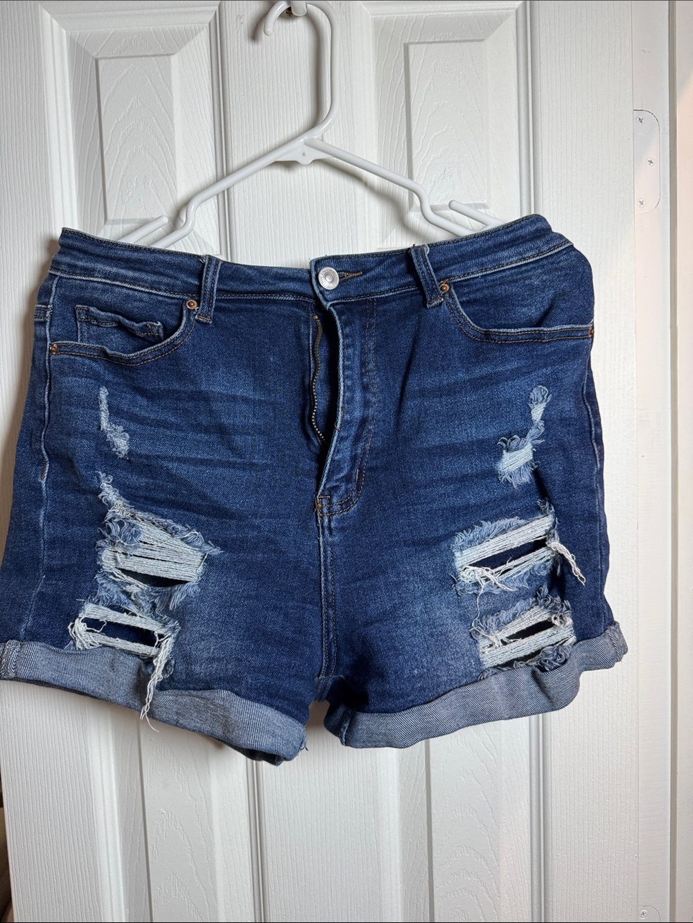 High-Rise Dark Blue Distressed Denim Shorts with Rolled Hem